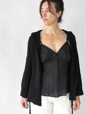 ERICA TANOV The Big Collar Cardigan In Black Handknit Belted Honeycomb Yoke 0 XS